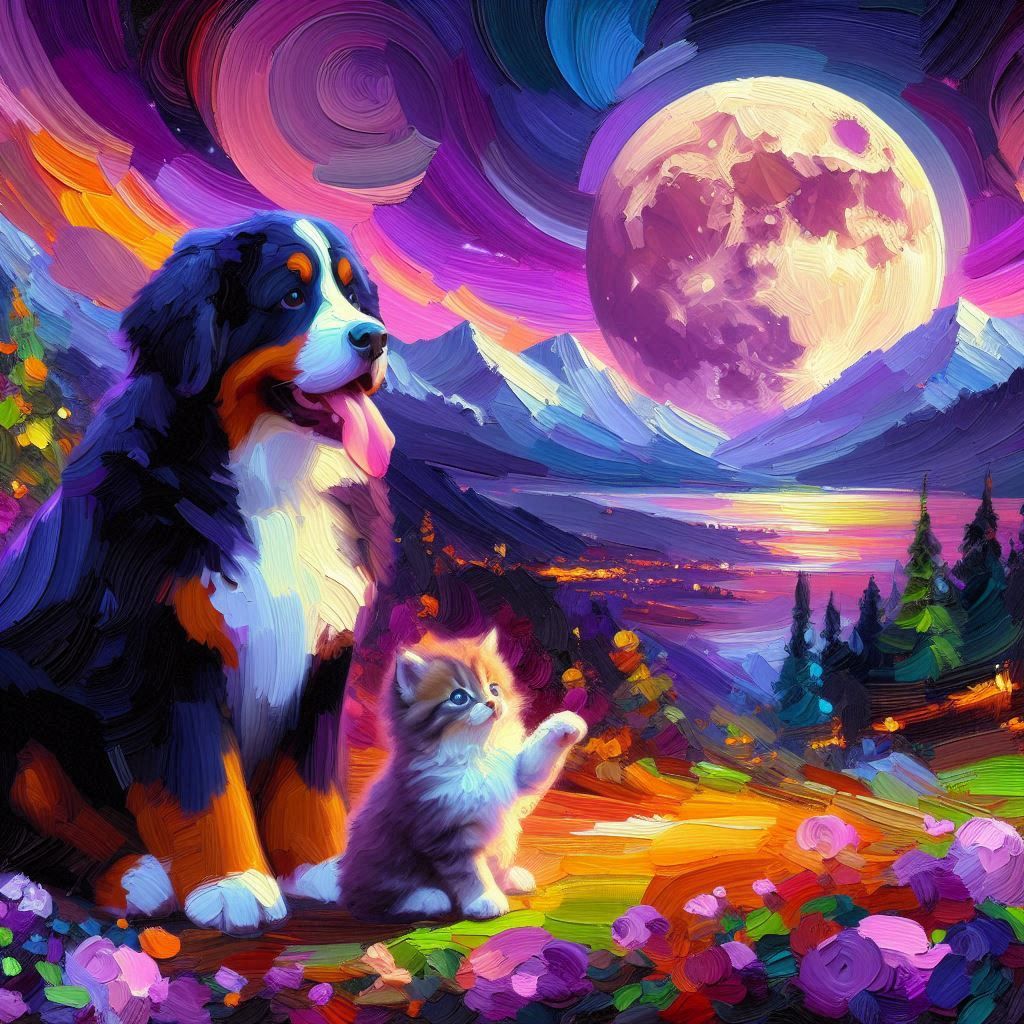 Bernese mountain dog and a kitten