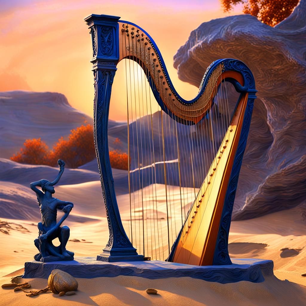 An ancient harp is buried in the sand. 