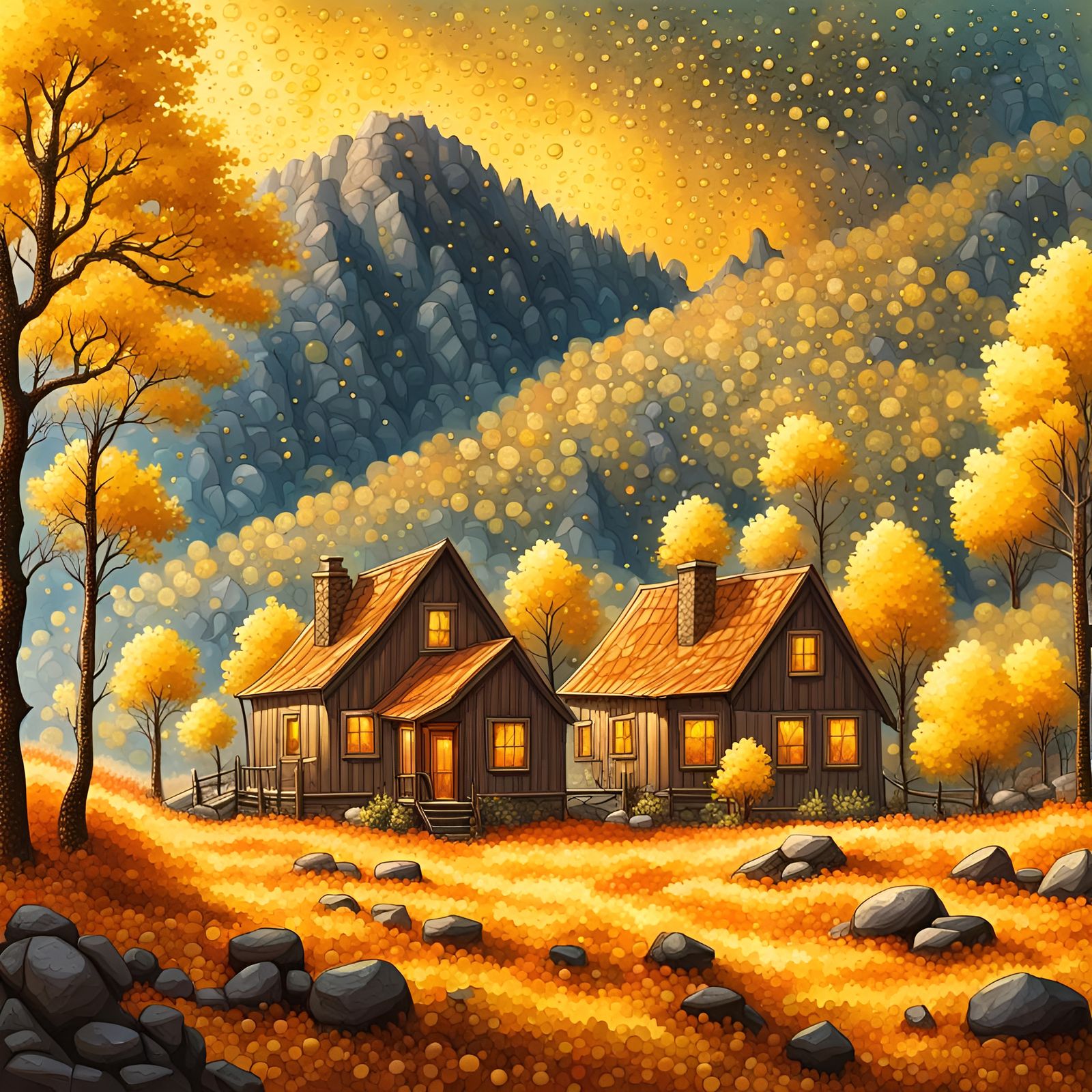artistic style pointillism. tiny yellow bubbles on branches ...