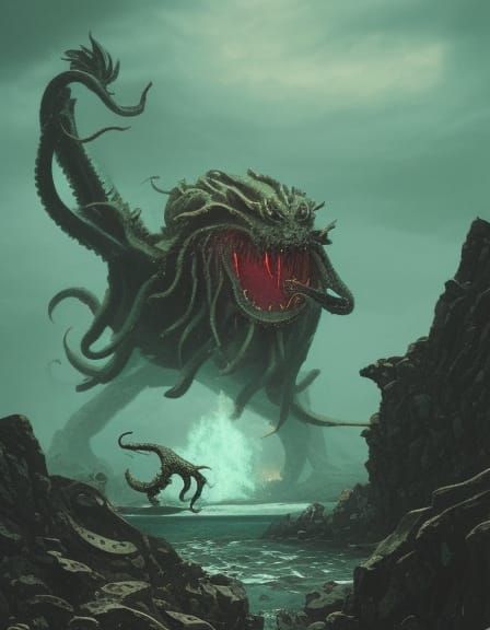 chuthulu fights kraken by Greg Rutkowski Dan Mumford contras...