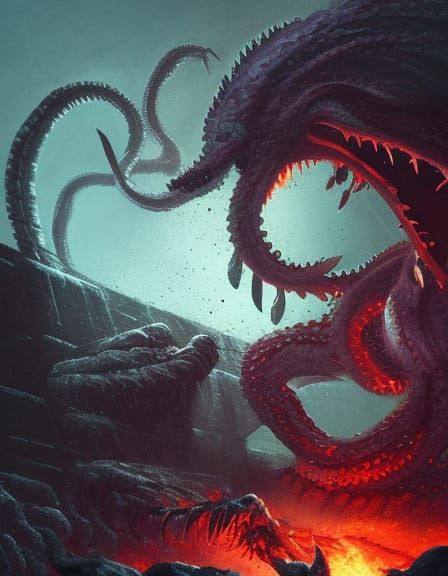 chuthulu fights kraken by Greg Rutkowski Dan Mumford contras...