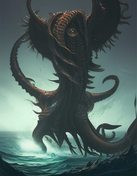 chuthulu fights kraken by Greg Rutkowski Dan Mumford contras...