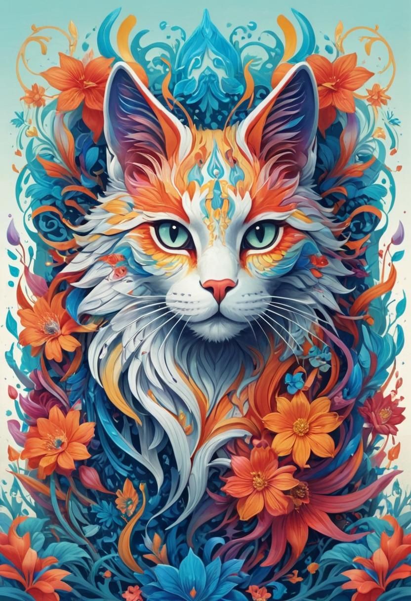 Intricate Neon Cat Vector Art Nouveau Digital Painting