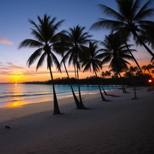 A beautiful wide-angle shot of a tropical beach at sunset. P...