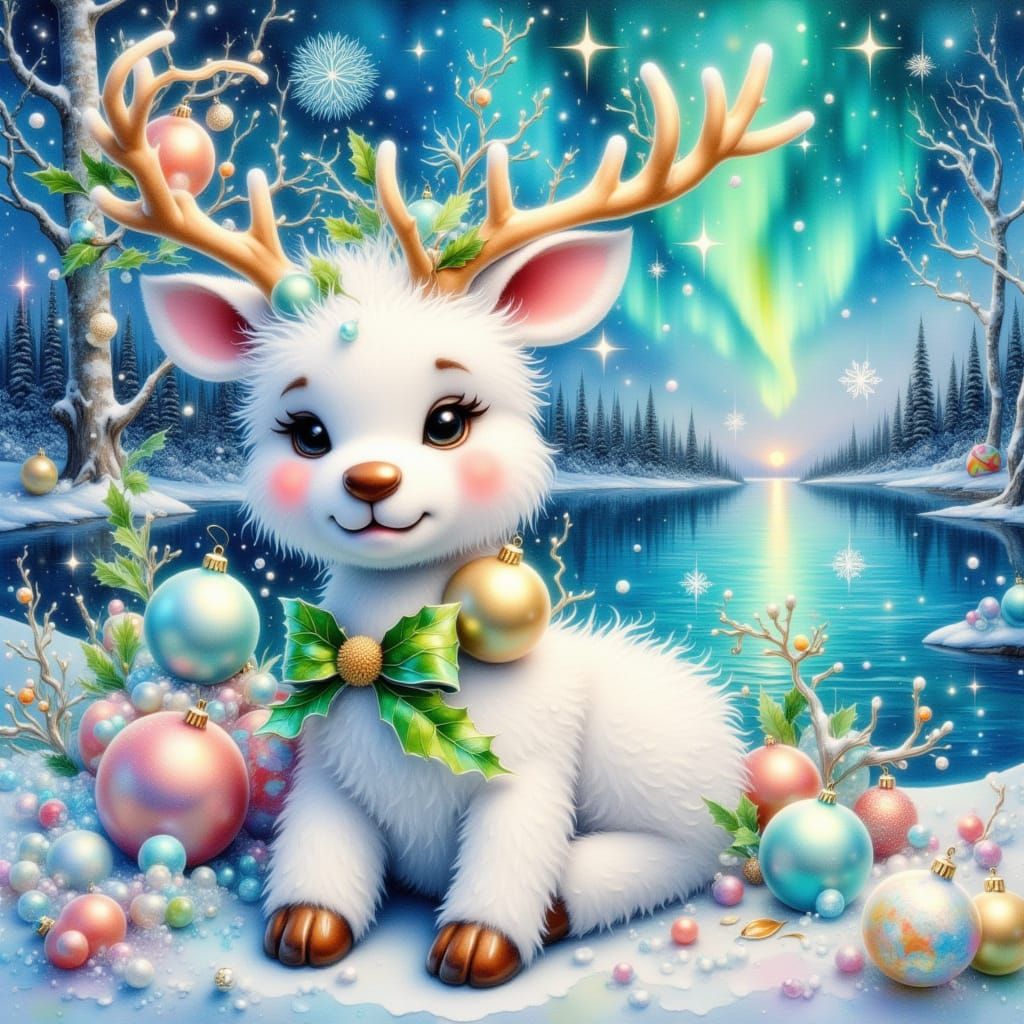 <lora:Water and Colour:1.0>whimsical acrylic 3D structures painting of a cute fluffy white deer Polarlights featuring watercolor painting al...