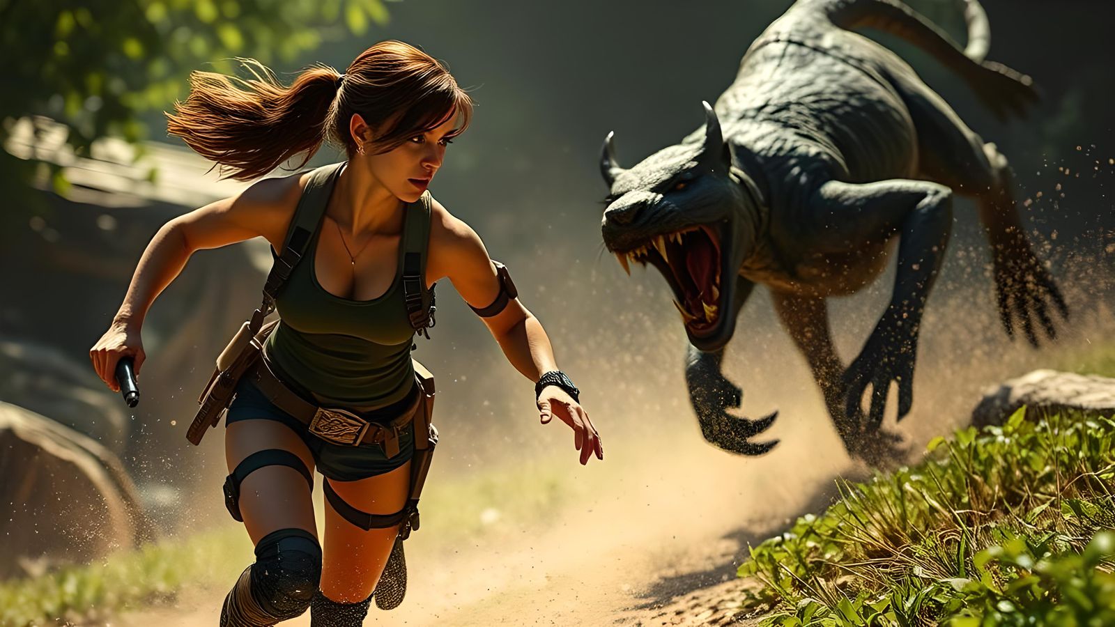 Lara Croft being chased by monster