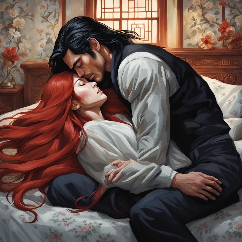 A Caucasian woman with long red hair, sleeping in the arms o...