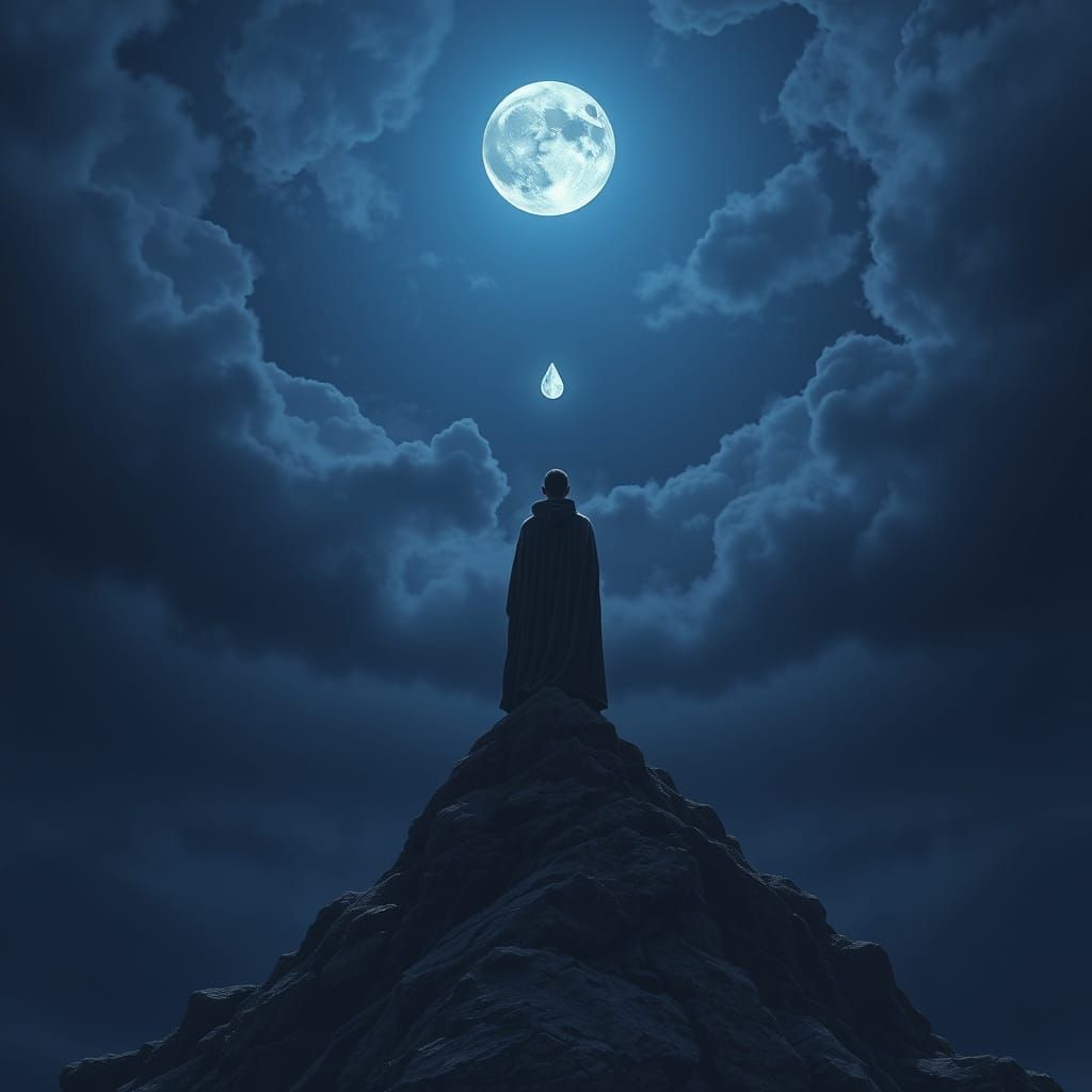 Figure on Mountain Peak Under Falling Tear