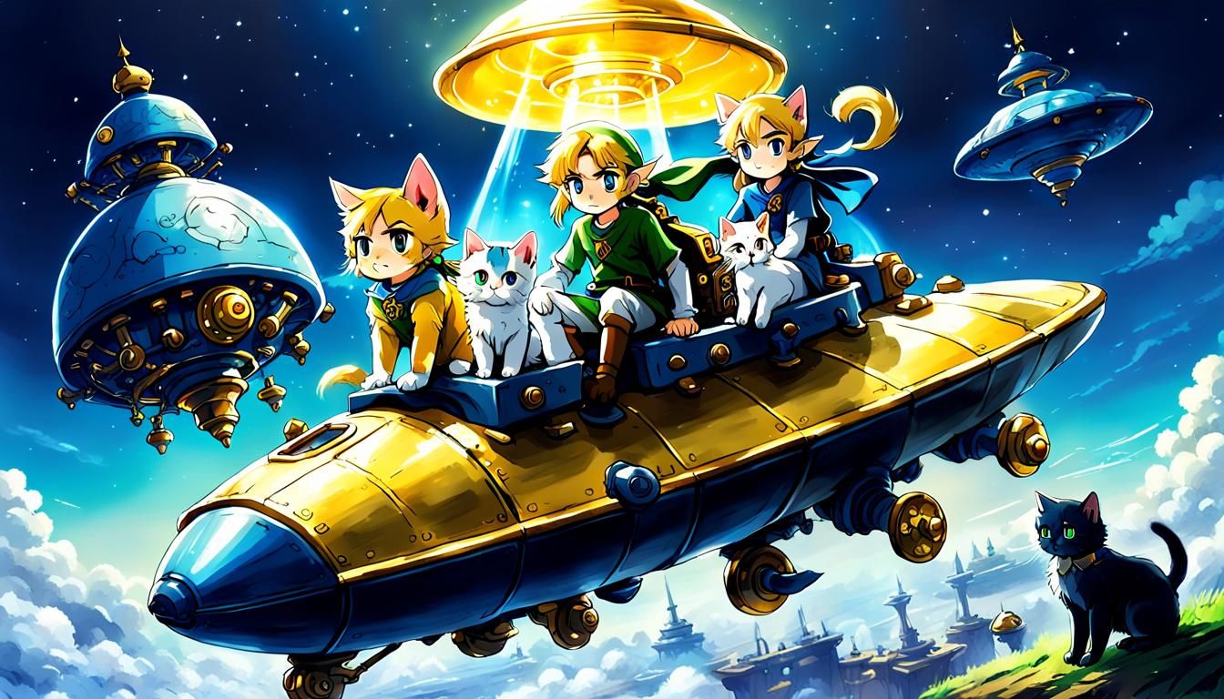 Link from "Legend of Zelda" riding a mechanical hourglass shaped UFO together with cats