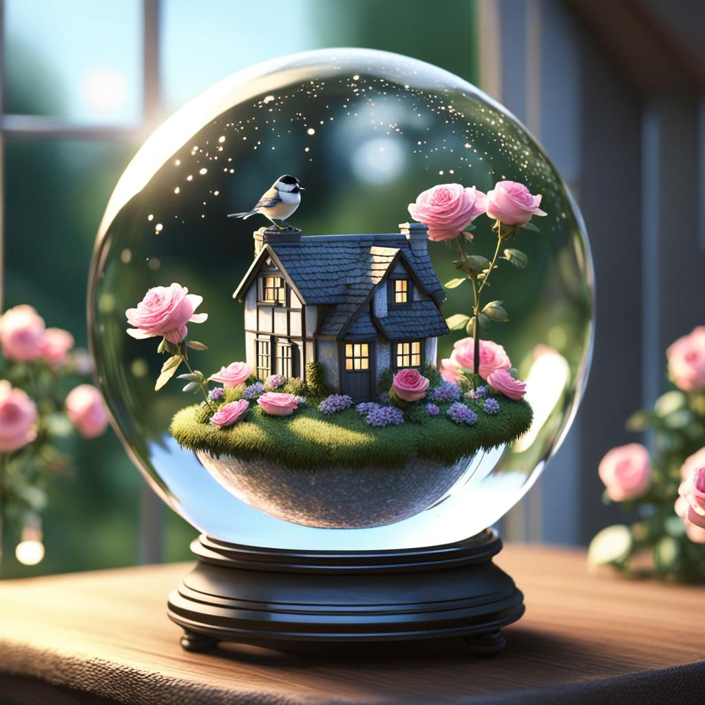 (An English cottage inside a Crystal ball. Inside is a bloom...