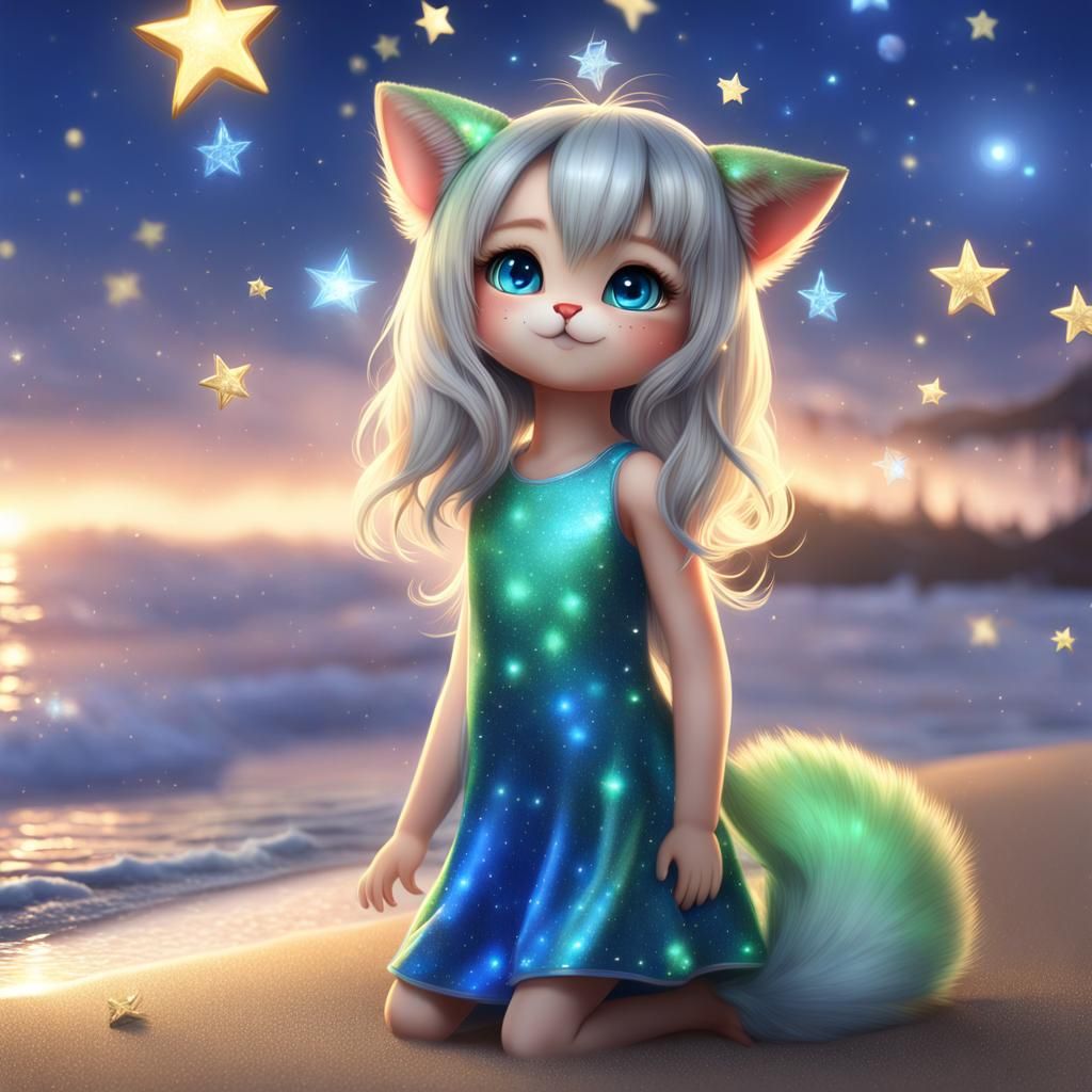 3D, realistic, Beautiful cute cat girl, blue eye glistening,...