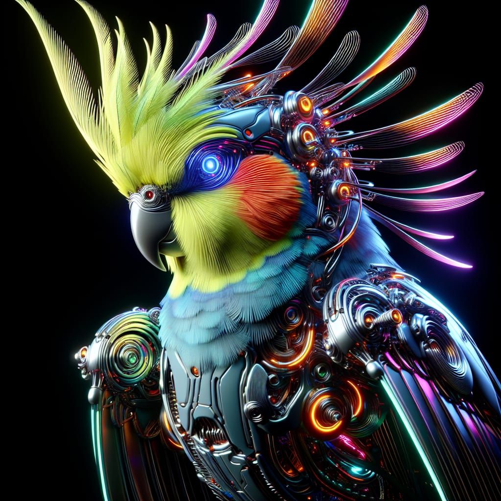 Calypso, pet cyborg Cockatiel  by @Cate