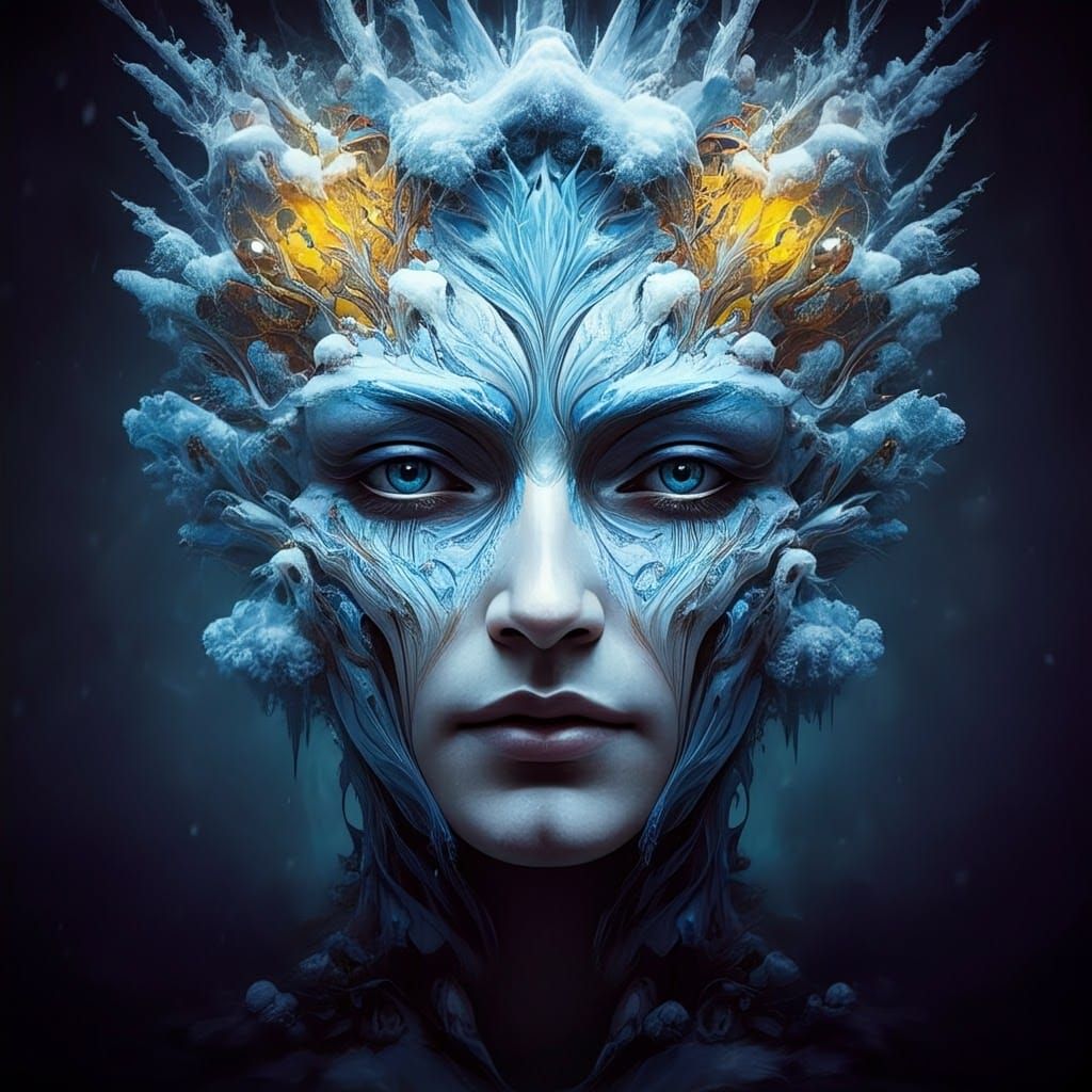 "A face made of snow and ice, with each section representing...