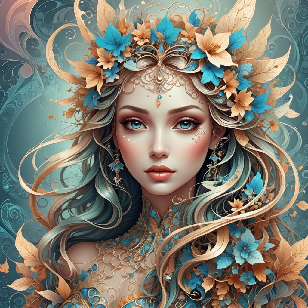 Fairy Queen with Flowing Hair in Abstract Fractal Style