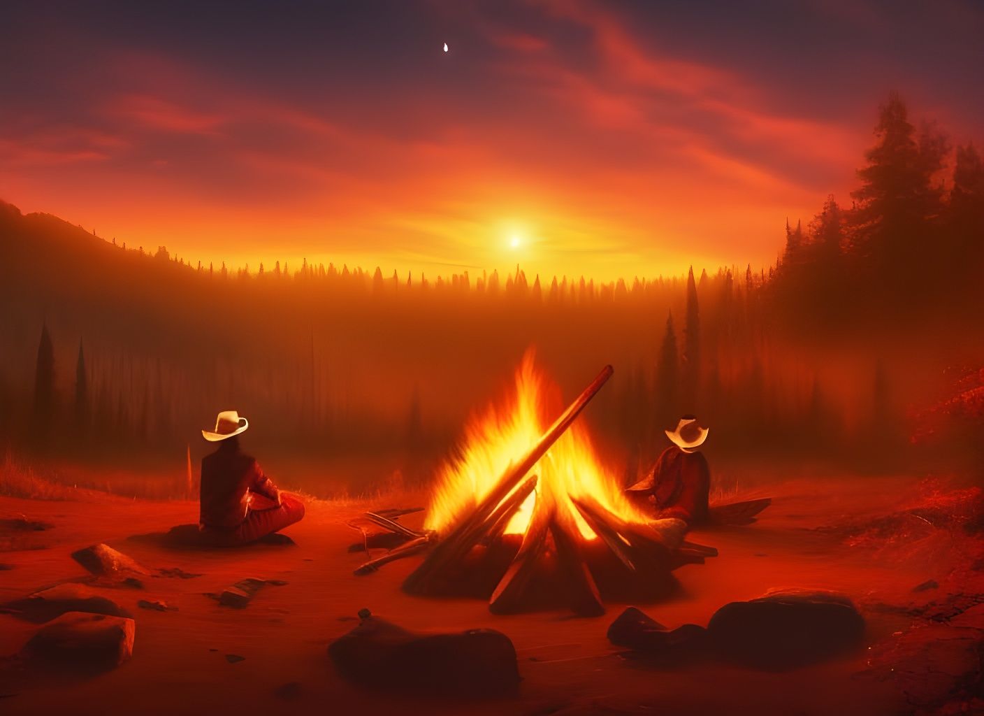 Campfire vigil in the red colors of the wilderness. AI Generated Artwork NightCafe Creator