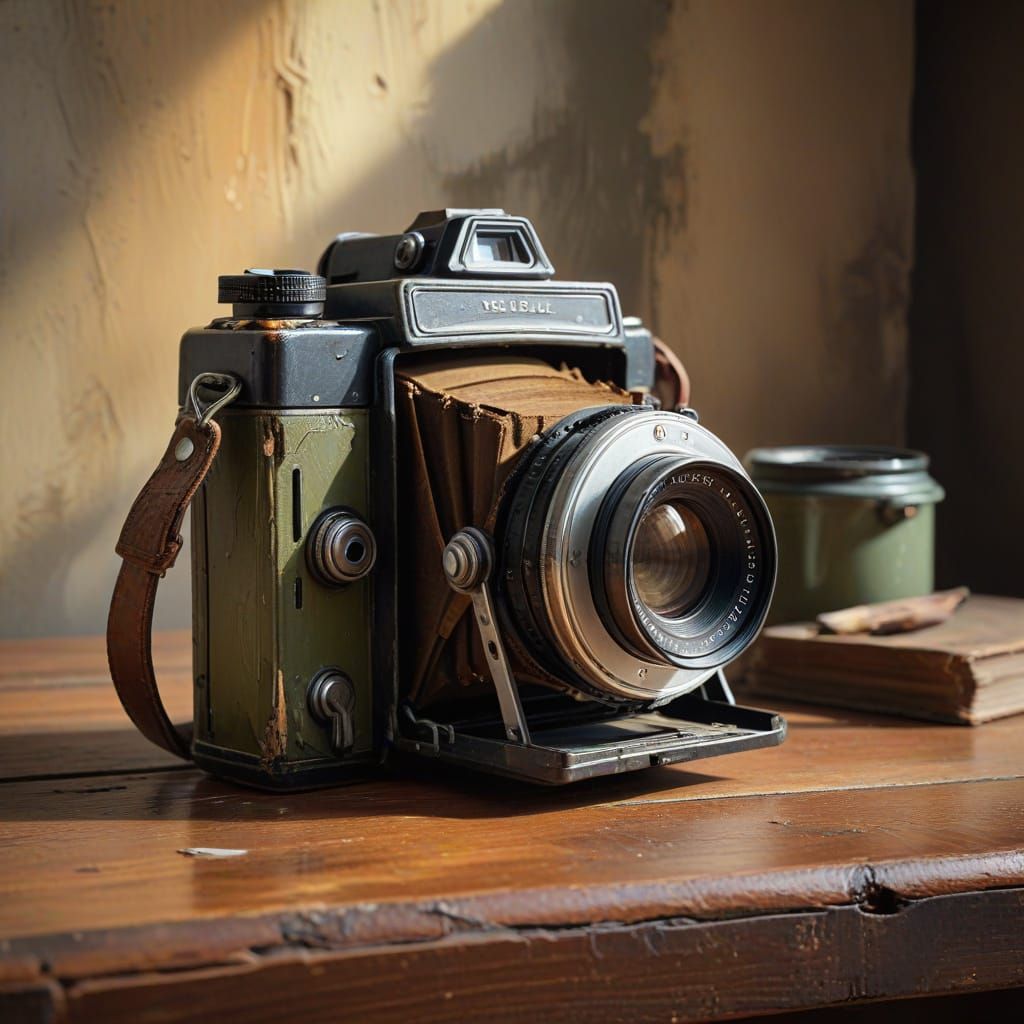 Vintage Camera on Wooden Table as Oil Painting