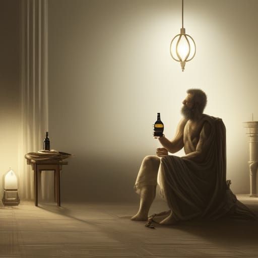 An ancient Greek philosopher drinking whisky in a minimalist...
