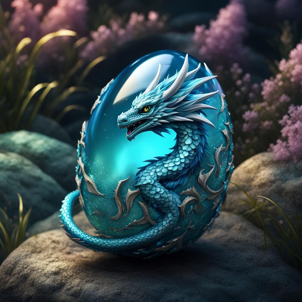 Beautiful shimmering aquamarine dragon egg,  little cute chi...