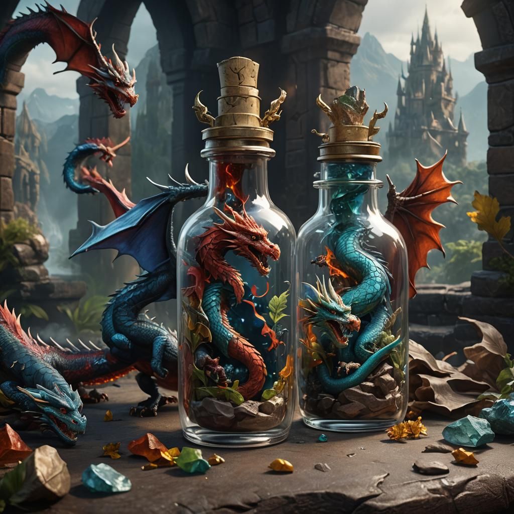 2 dragons in a glass bottle
