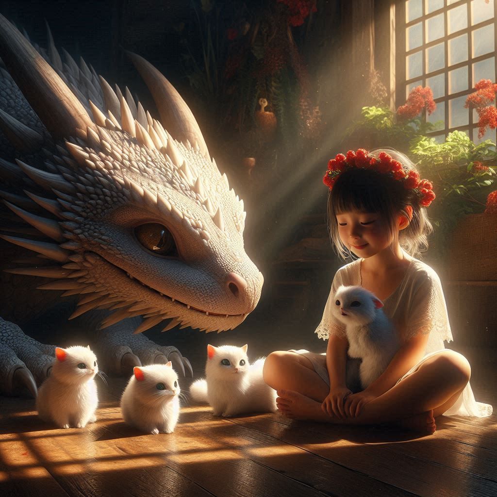 Little girl sitting on the floor next to a dragon