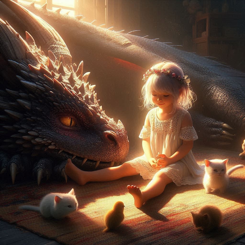 Little girl sitting on the floor next to a dragon