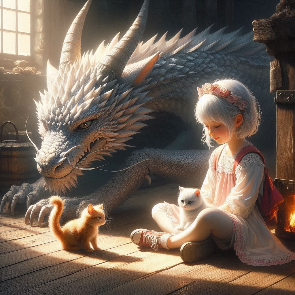 Little girl sitting on the floor next to a dragon