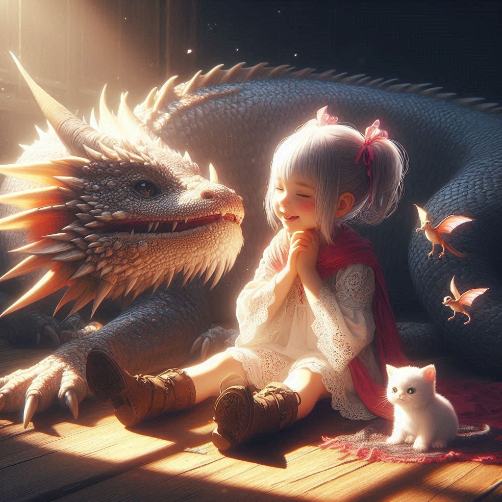 Little girl sitting on the floor next to a dragon