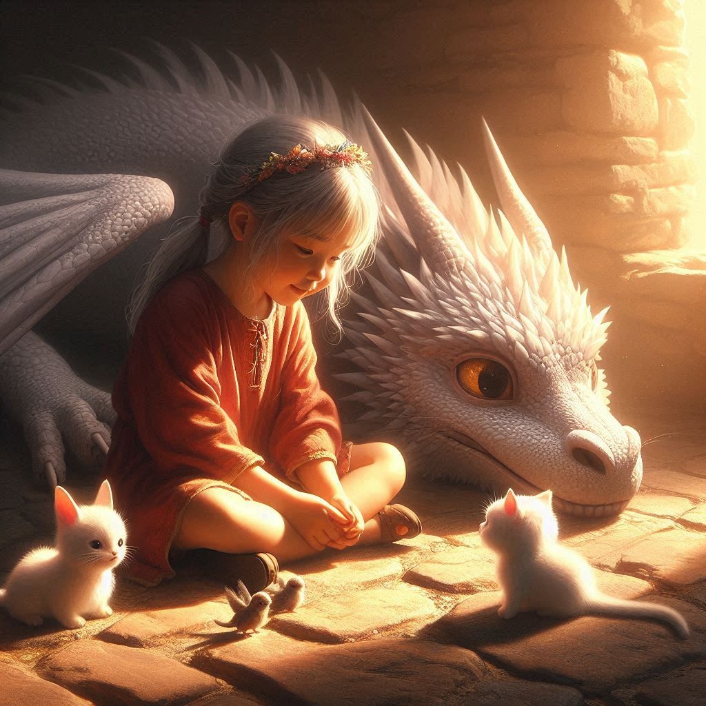 Little girl sitting on the floor next to a dragon