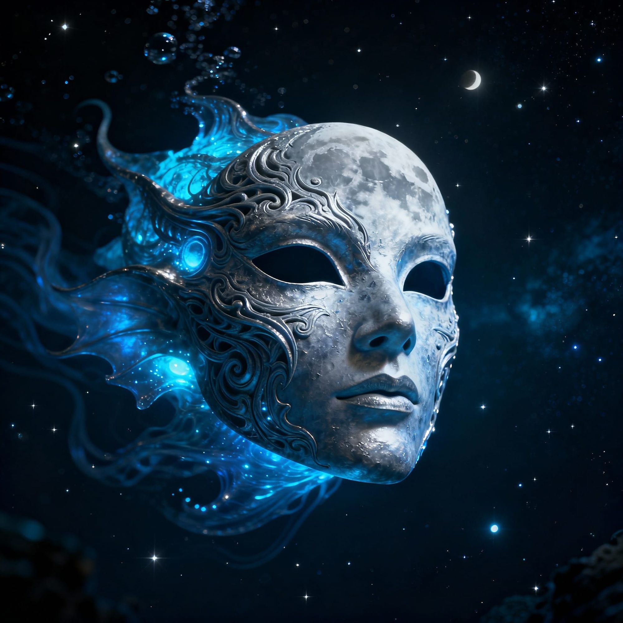  .
Mask carved from moonlight, floating in void
