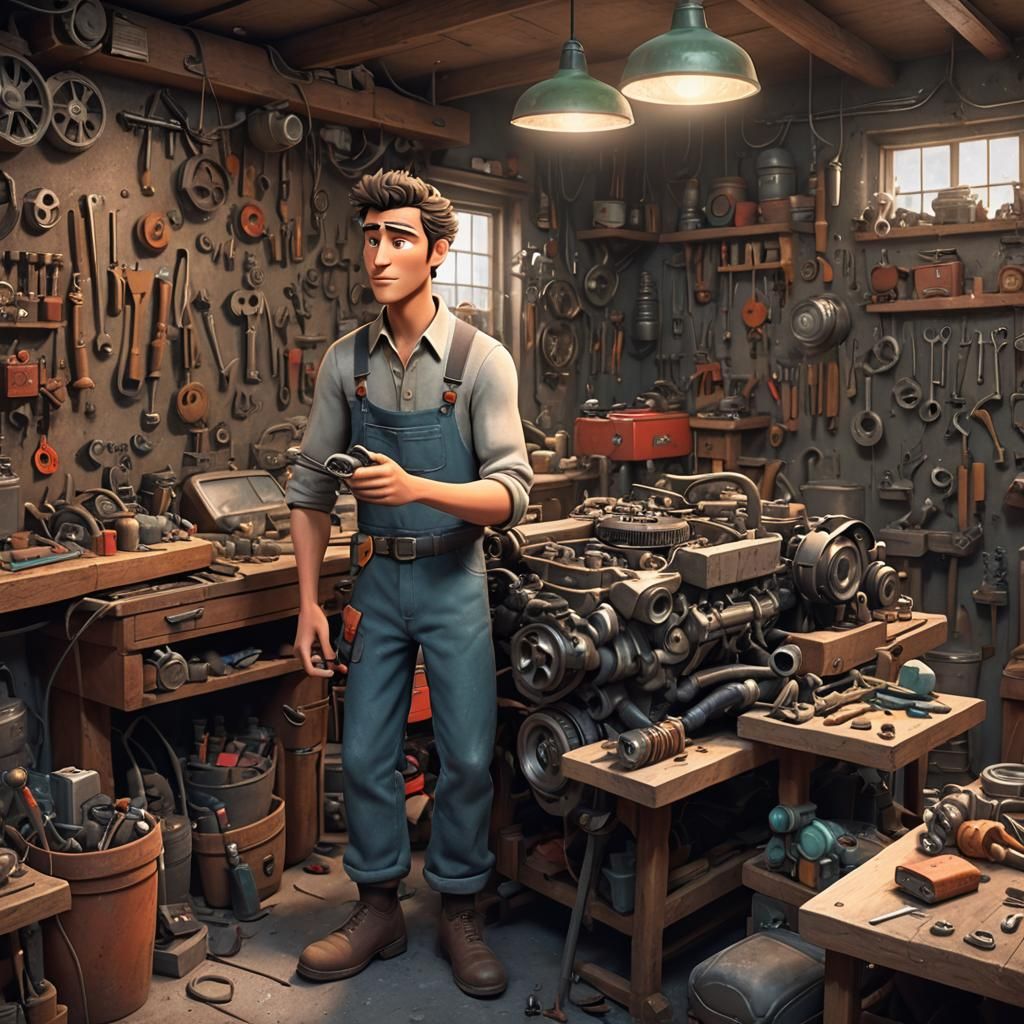 Ali in his workshop with the old car and the strange device:...