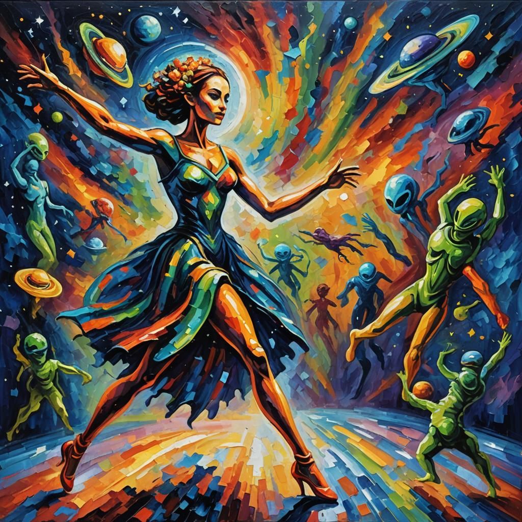 a dancer in outer space with aliens