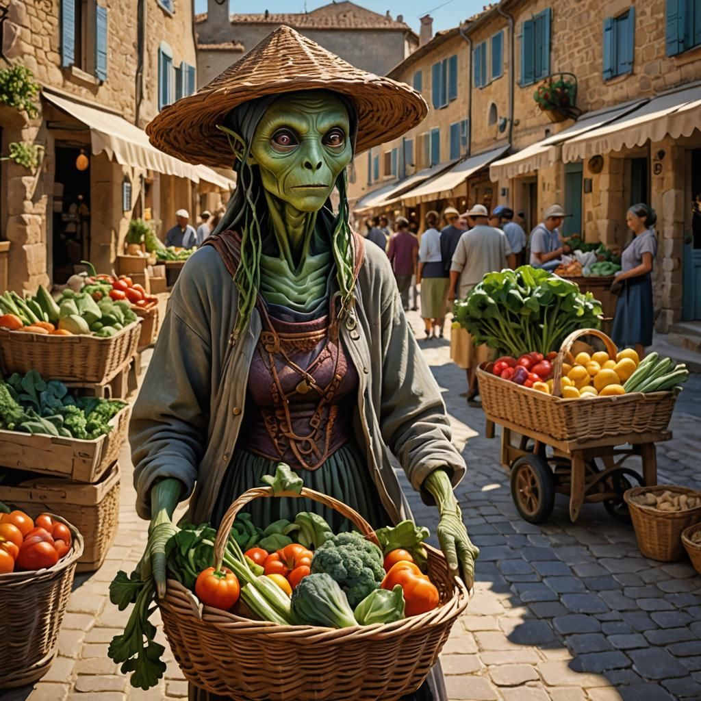 A woman alien on the market square of a village of Provence  by @Atatorus