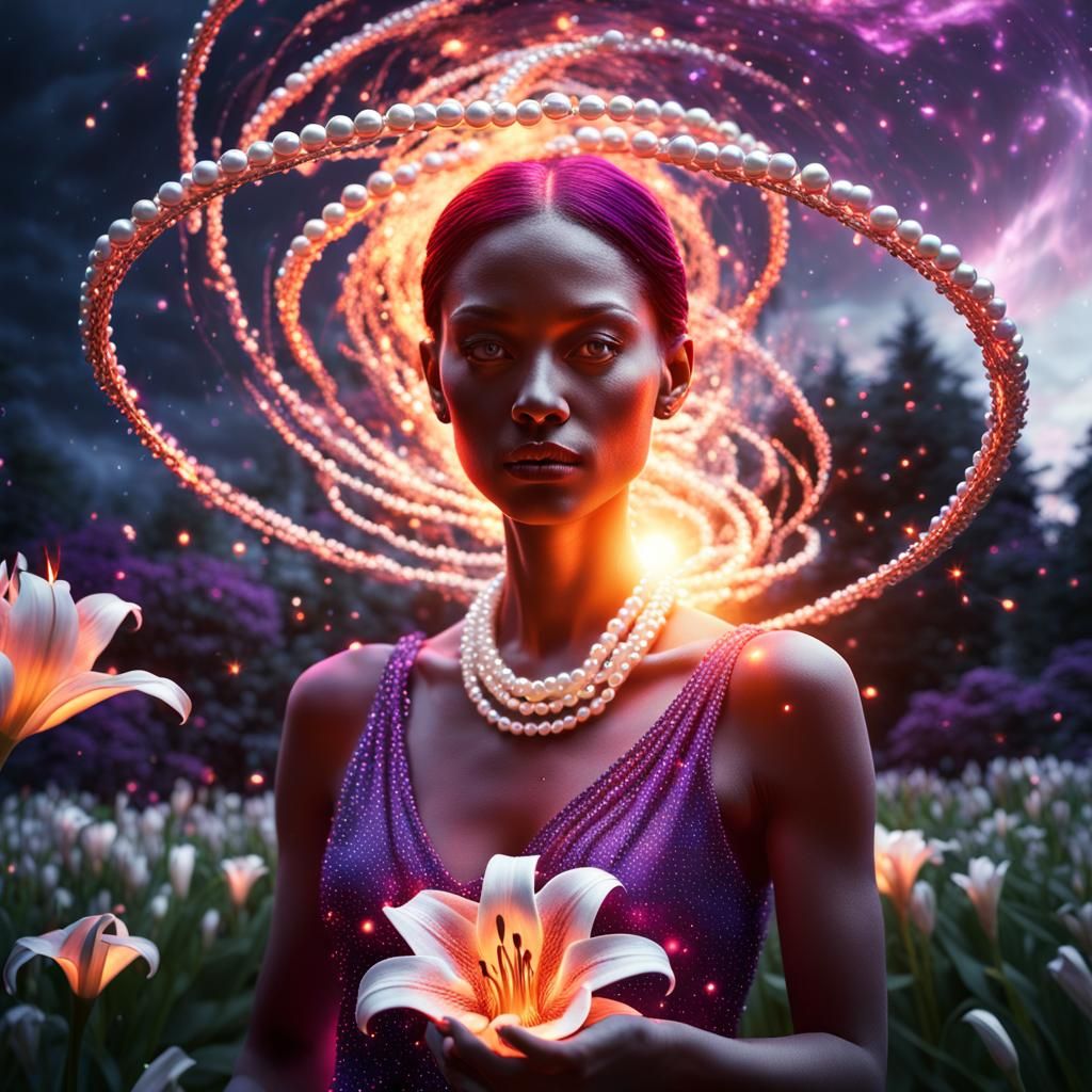 Woman in pearls A galactic vortex with thousands of red, sil...