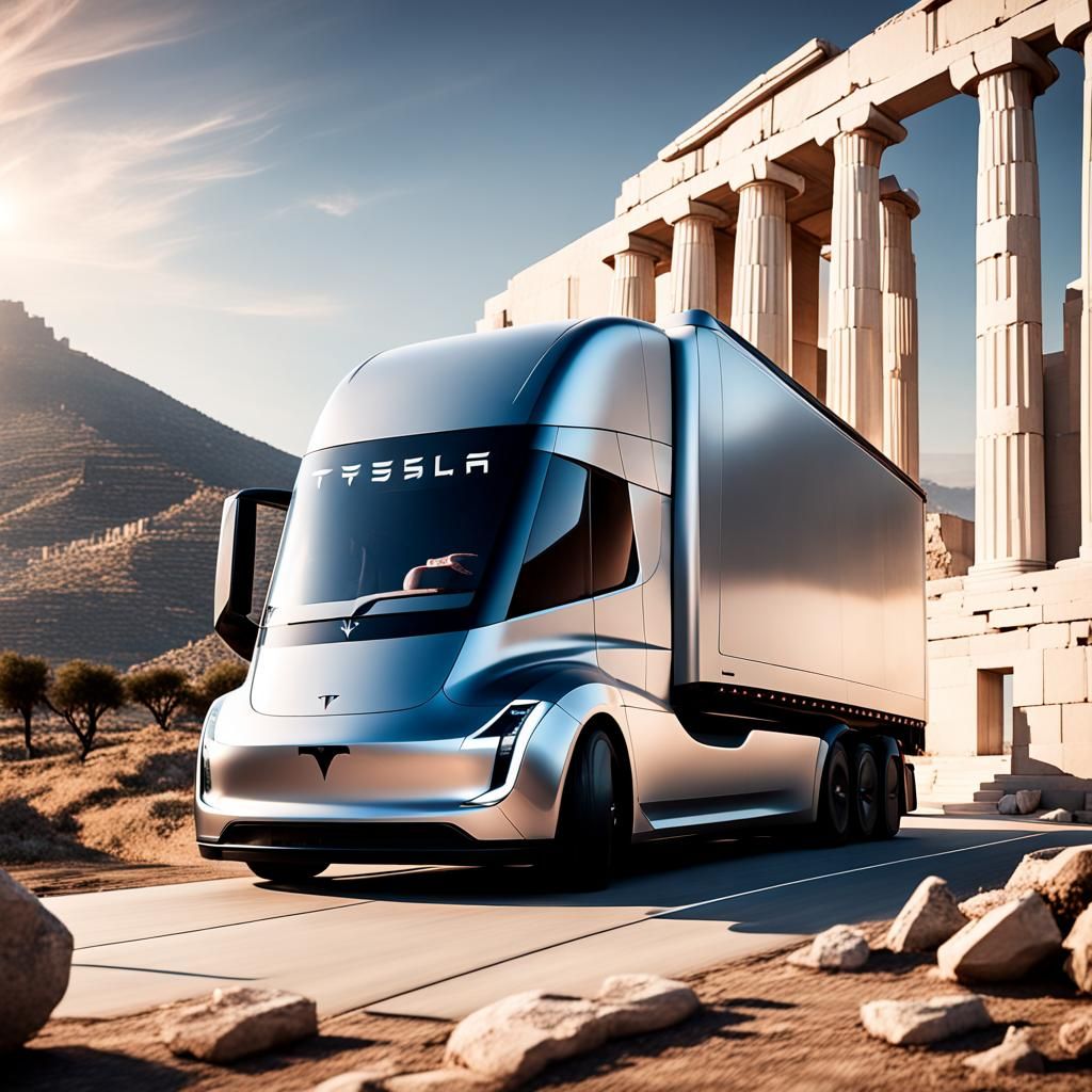 presentation of new Tesla truck in ancient Greece