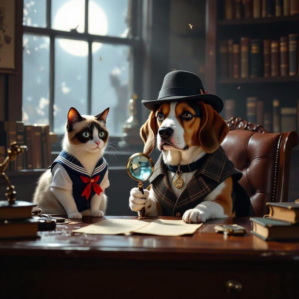 Mystery Mutt, a dog dressed as Sherlock and his Siamese Cat friend, Fuzzy, dressed as a Japanese School Girl, in Mystery Mutt's Detective of...