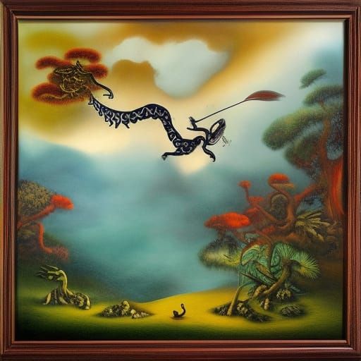Surreal Flying Dragon in Forest: Dali-esque Oil Painting