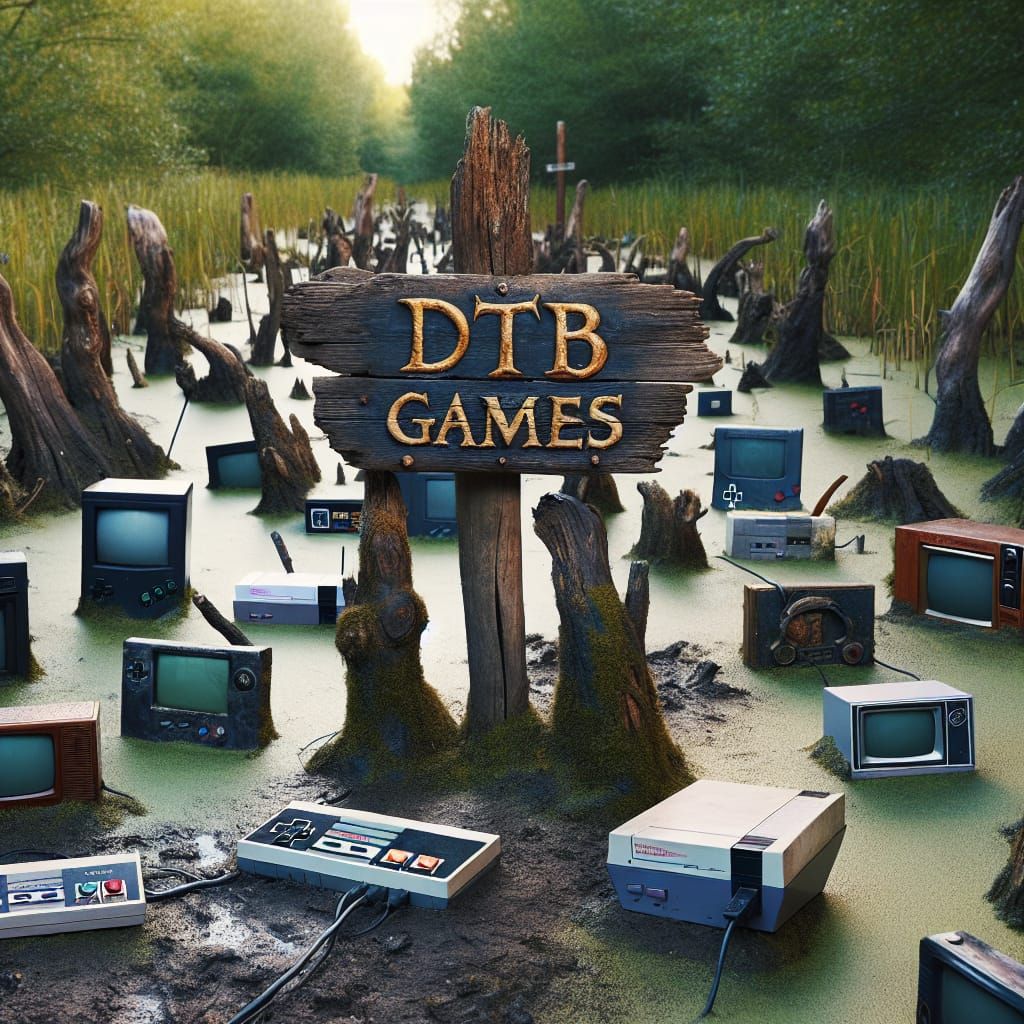 rural swampy region with video game consoles scattered aroun...