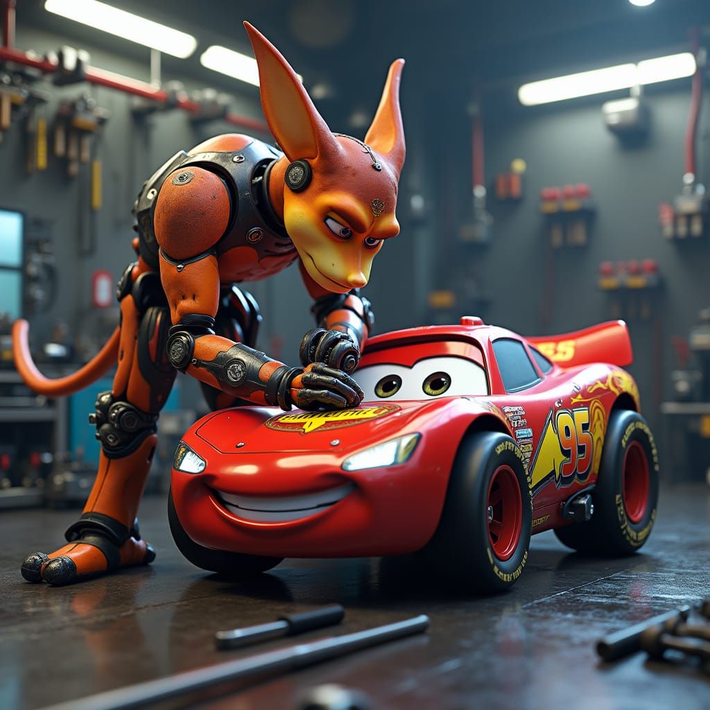 Ratchet Repairs Lightning McQueen in Sci-Fi Garage