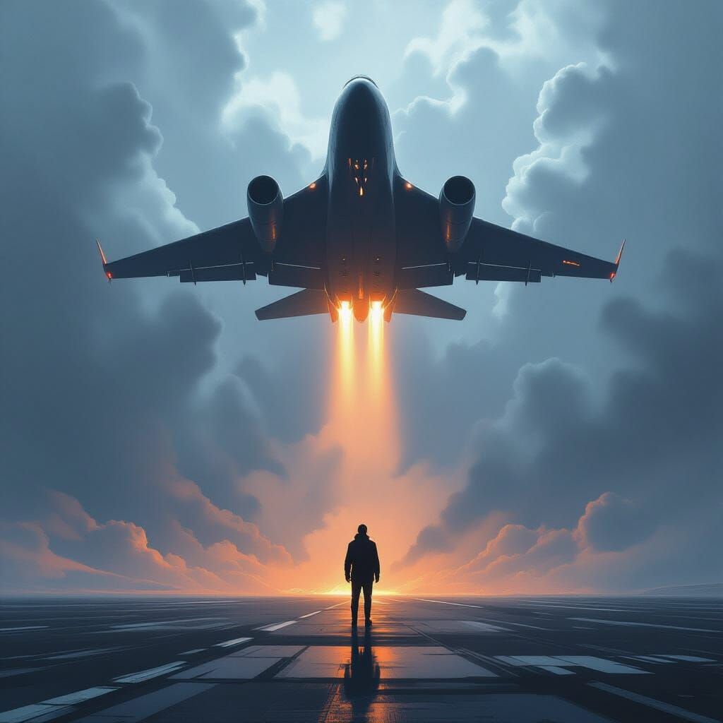 Human Defies Colossal Aircraft on Windswept Plain