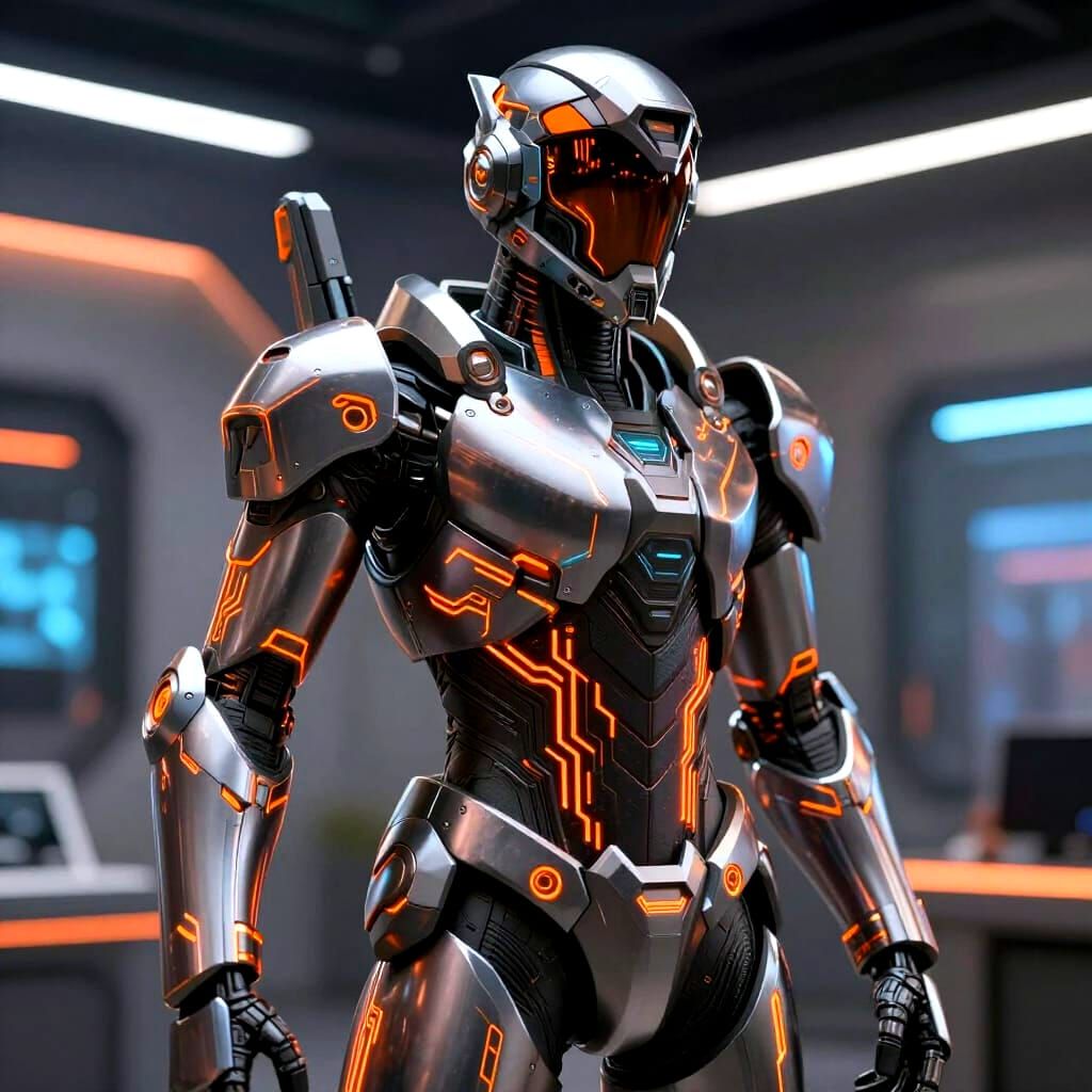 A sleek, hyperdetailed suit of sci-fi segmented armor with orange Tron highlights and many 60-degree angles in a futuris...