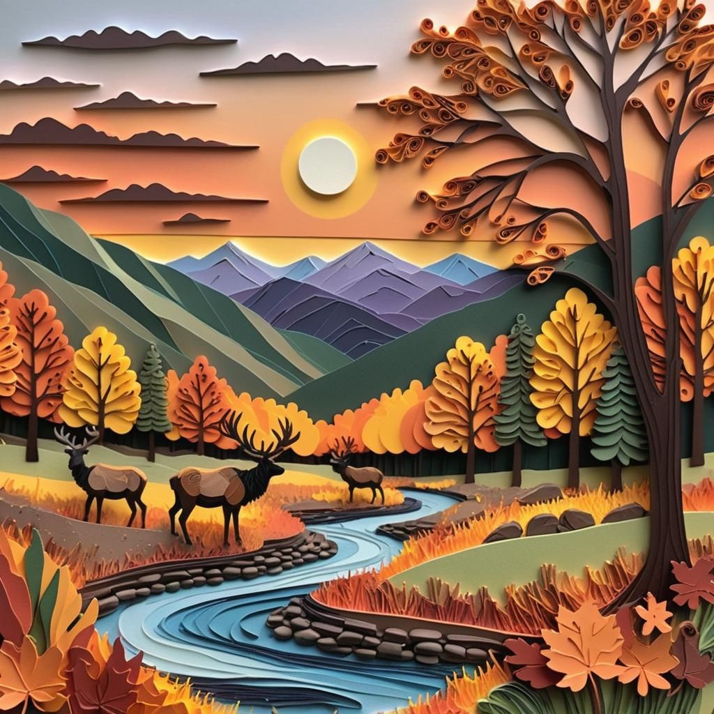 Extra textured Paper quilling and 3-d paper layered autumn in Cimarron canyon.  Elk grazing at sunset. ...  by @Crazy fish