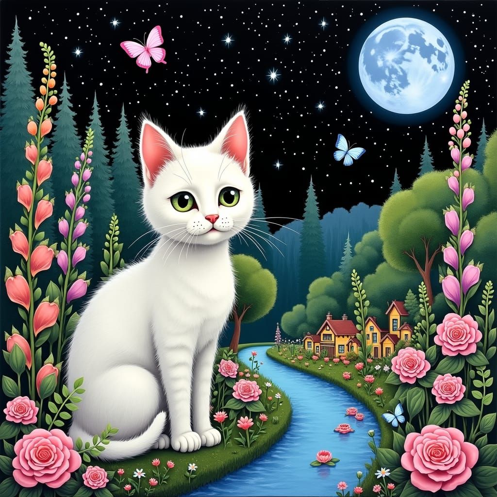 <lora:Zentangle-V2:1.0> <lora:Pop Surrealism:1.0> <lora:surreal world:1.0> beautiful young white furry cat with young sweet innocent with be...