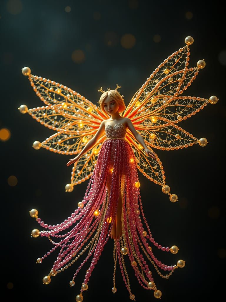 Digital matte painting. Medium shot.

A celestial fairy made of a composite of beads.

Trending on Artstation, Unreal Engine 5, volumetric l...