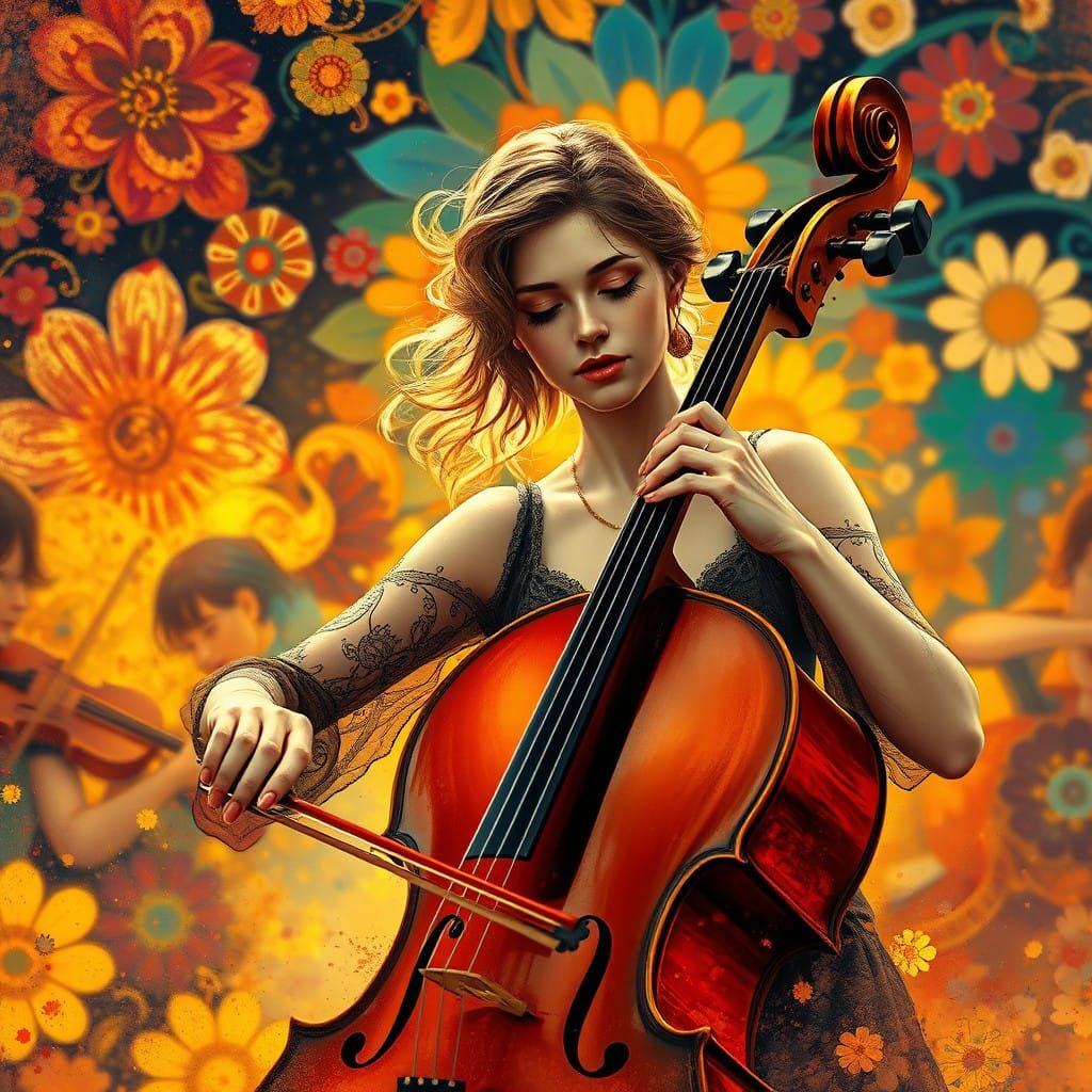 A beautiful angelic female artist with a cello in a symphony orchestra  by @undefined
