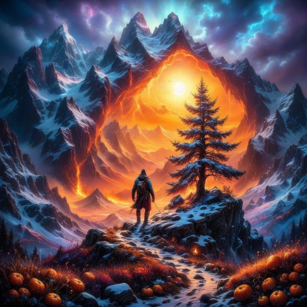 A lone figure stands silhouetted against a breathtaking sunset