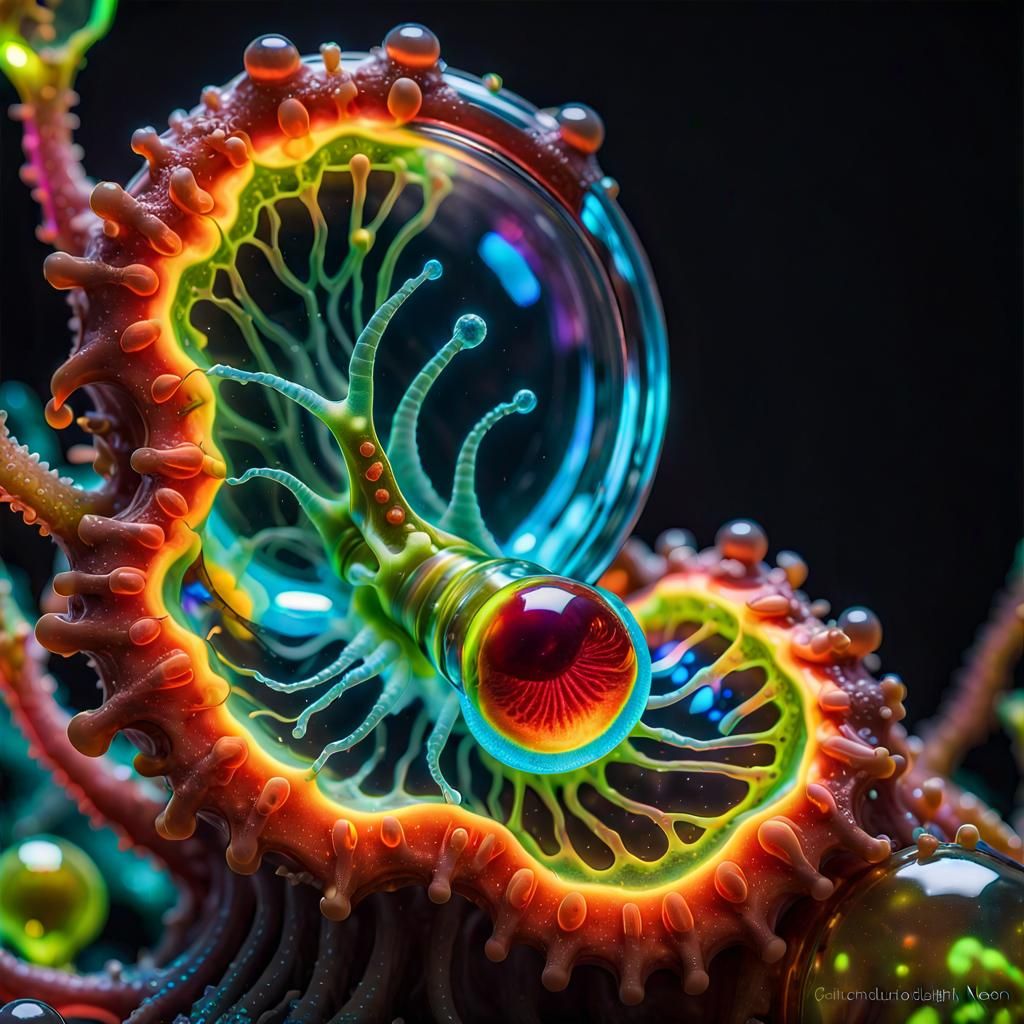 macrophotography amoebas ((Photonic Down-balls amoebas)) vibrant triadic colored critters morph Ammolite ...  by @Peregrine Falconer