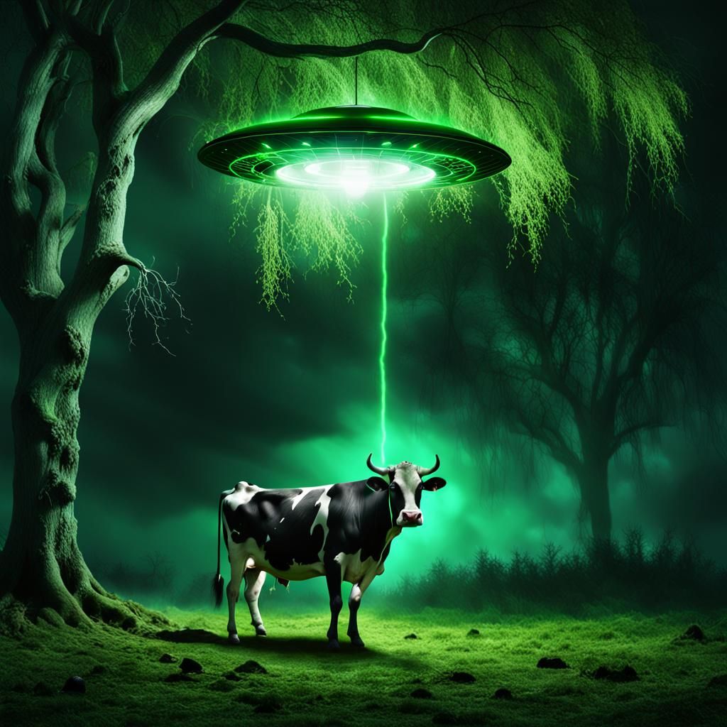 Surreal Cow Abduction in Dark Fantasy Style