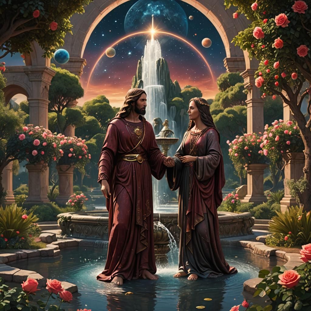 Mary Magdalene and Jesus standing around a fountain of water...