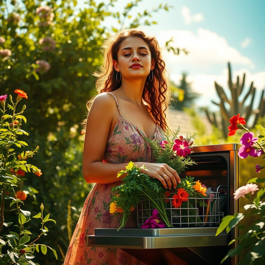 Woman in Sun-Drenched Garden Loads Dishwasher
