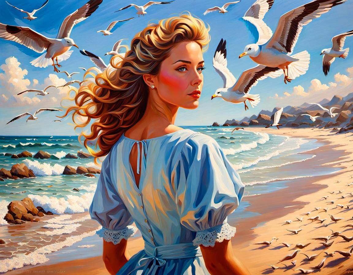 Oil painting of a beautiful Girl on the beach